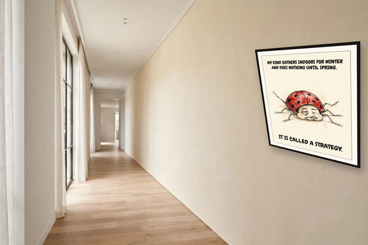 The same print shown hanging in an office — frame for display only, not included