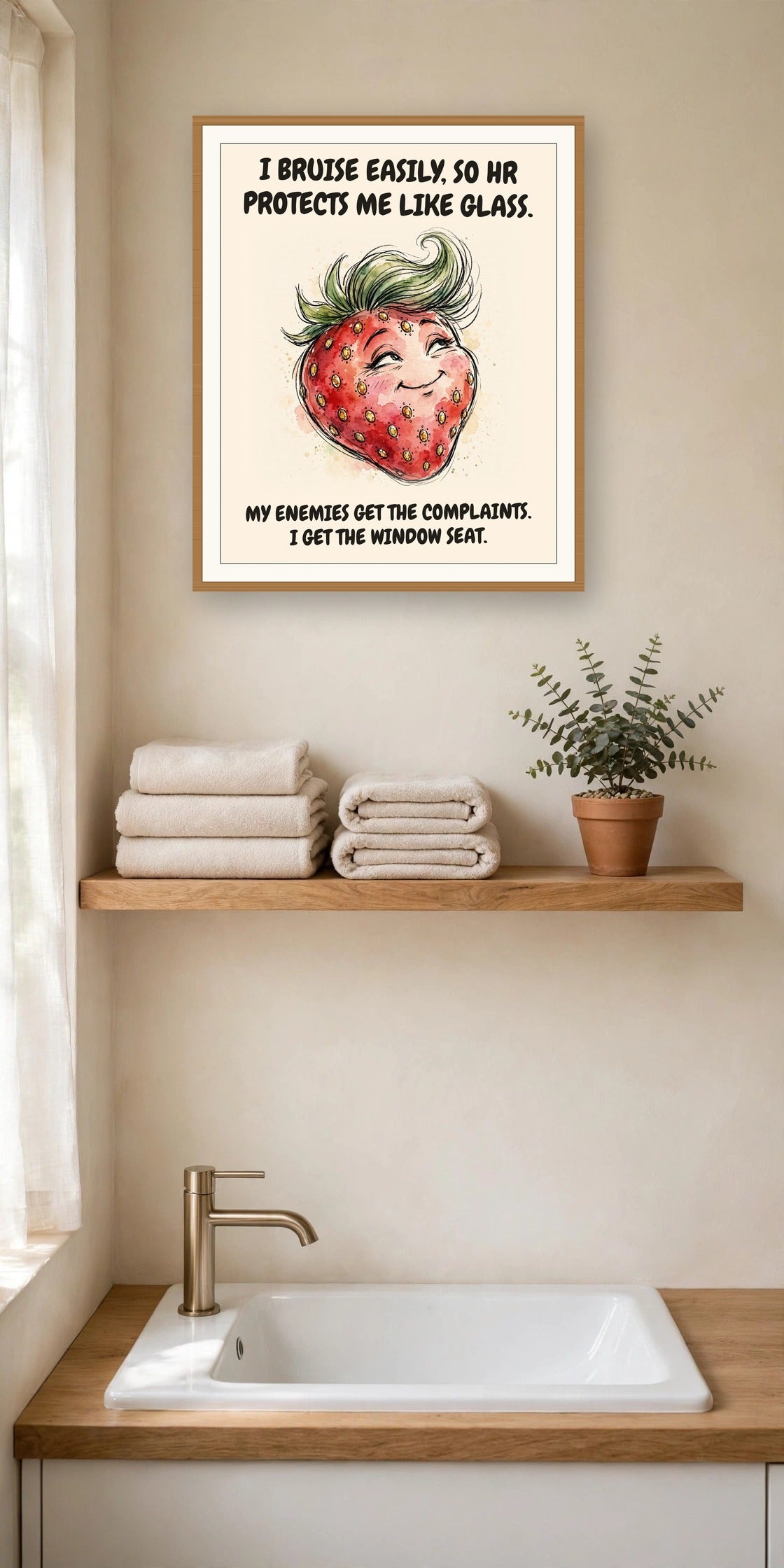The same print shown hanging in an office — frame for display only, not included