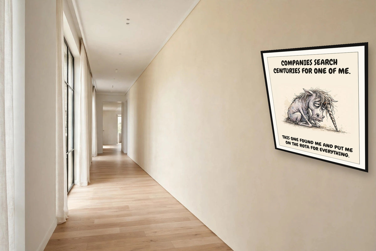 The same print shown hanging in an office — frame for display only, not included