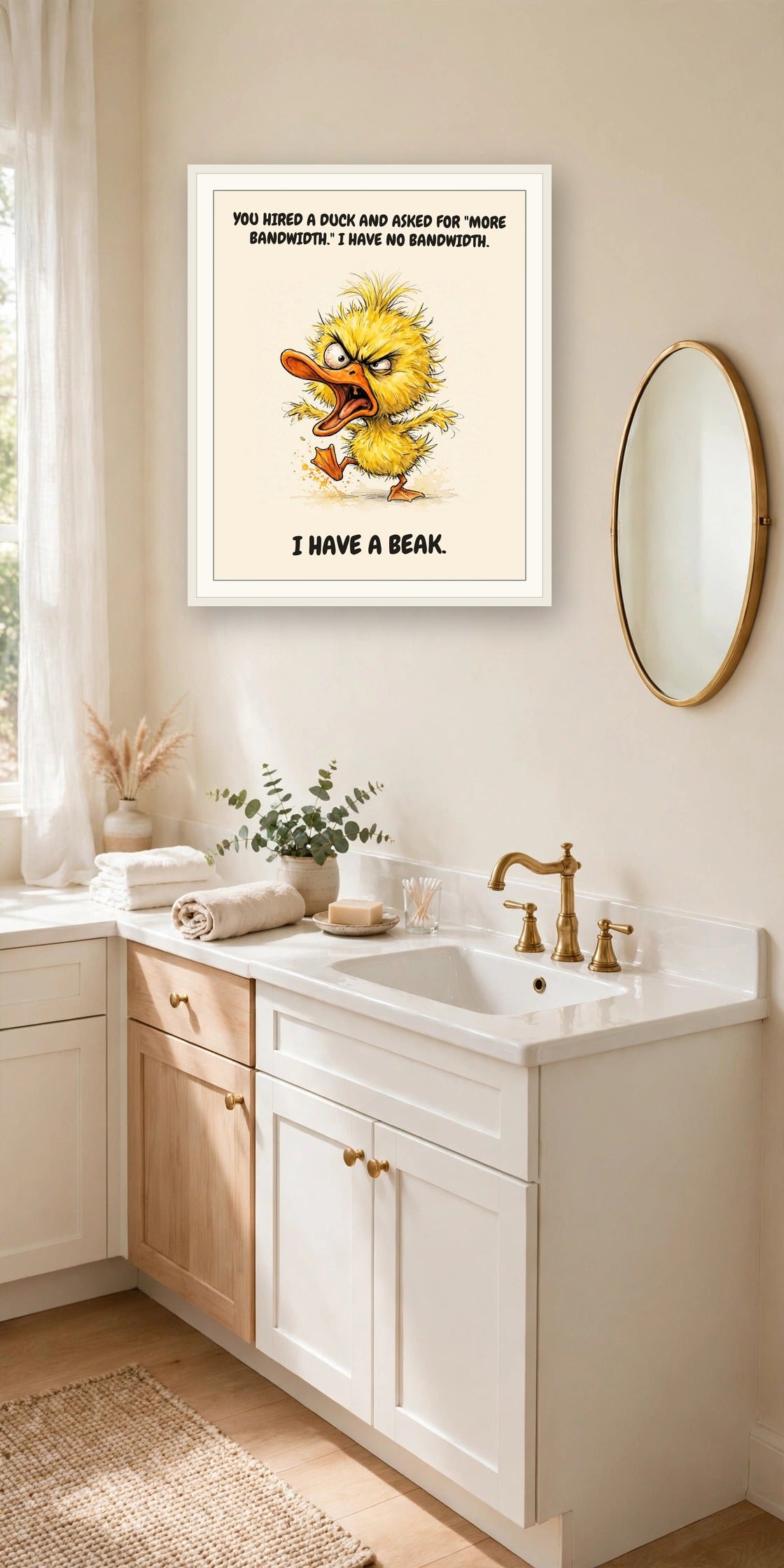 The same print shown hanging in an office — frame for display only, not included
