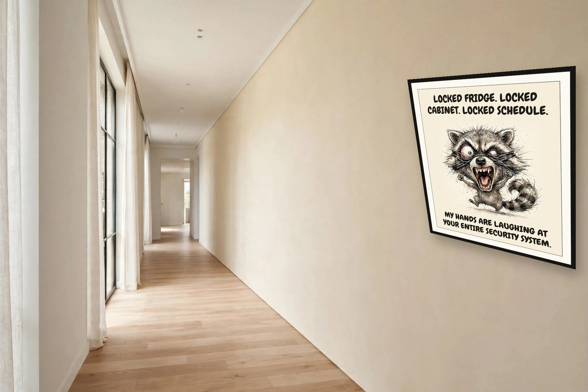 The same print shown hanging in an office — frame for display only, not included