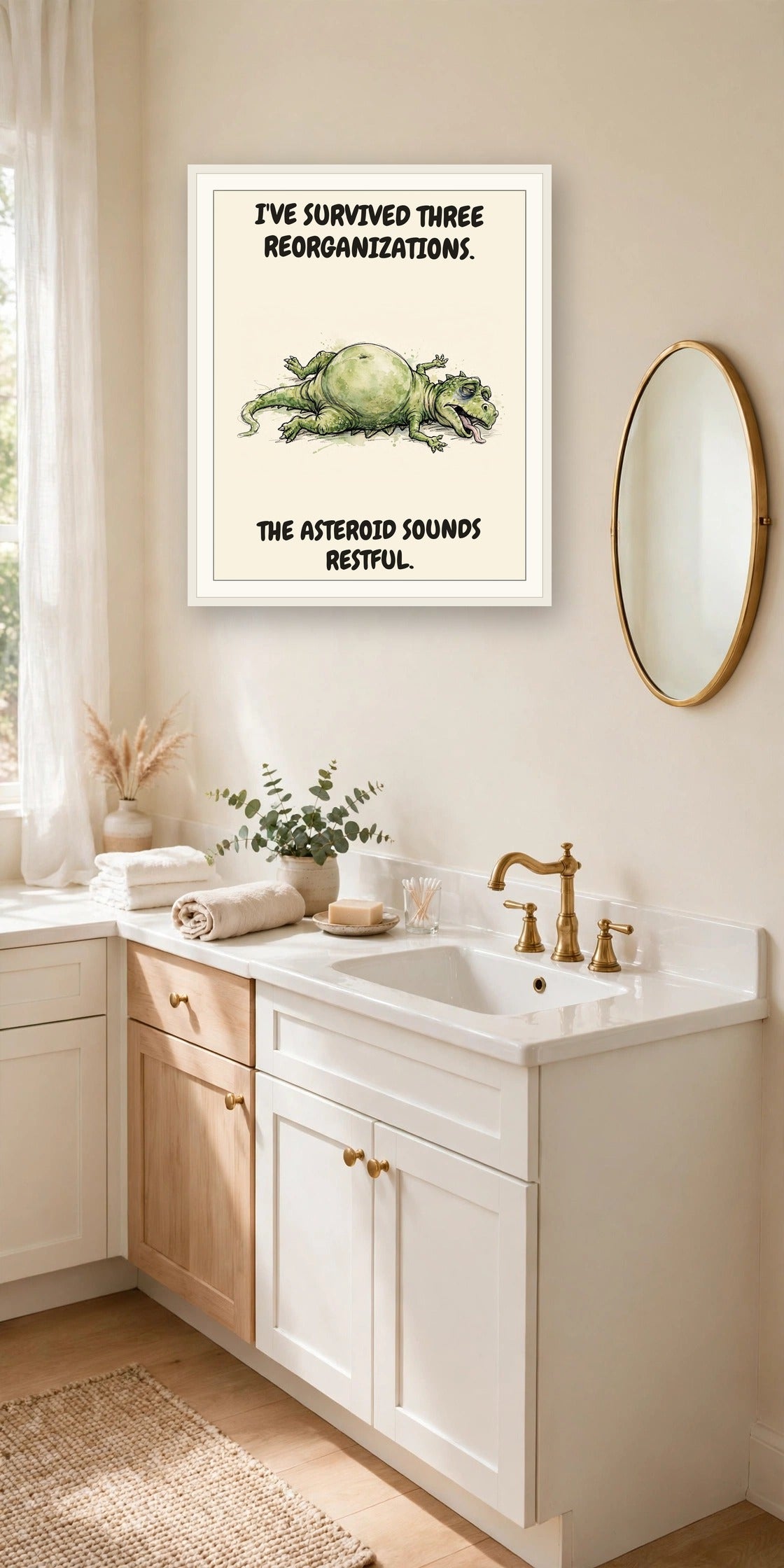 The same print shown hanging in an office — frame for display only, not included