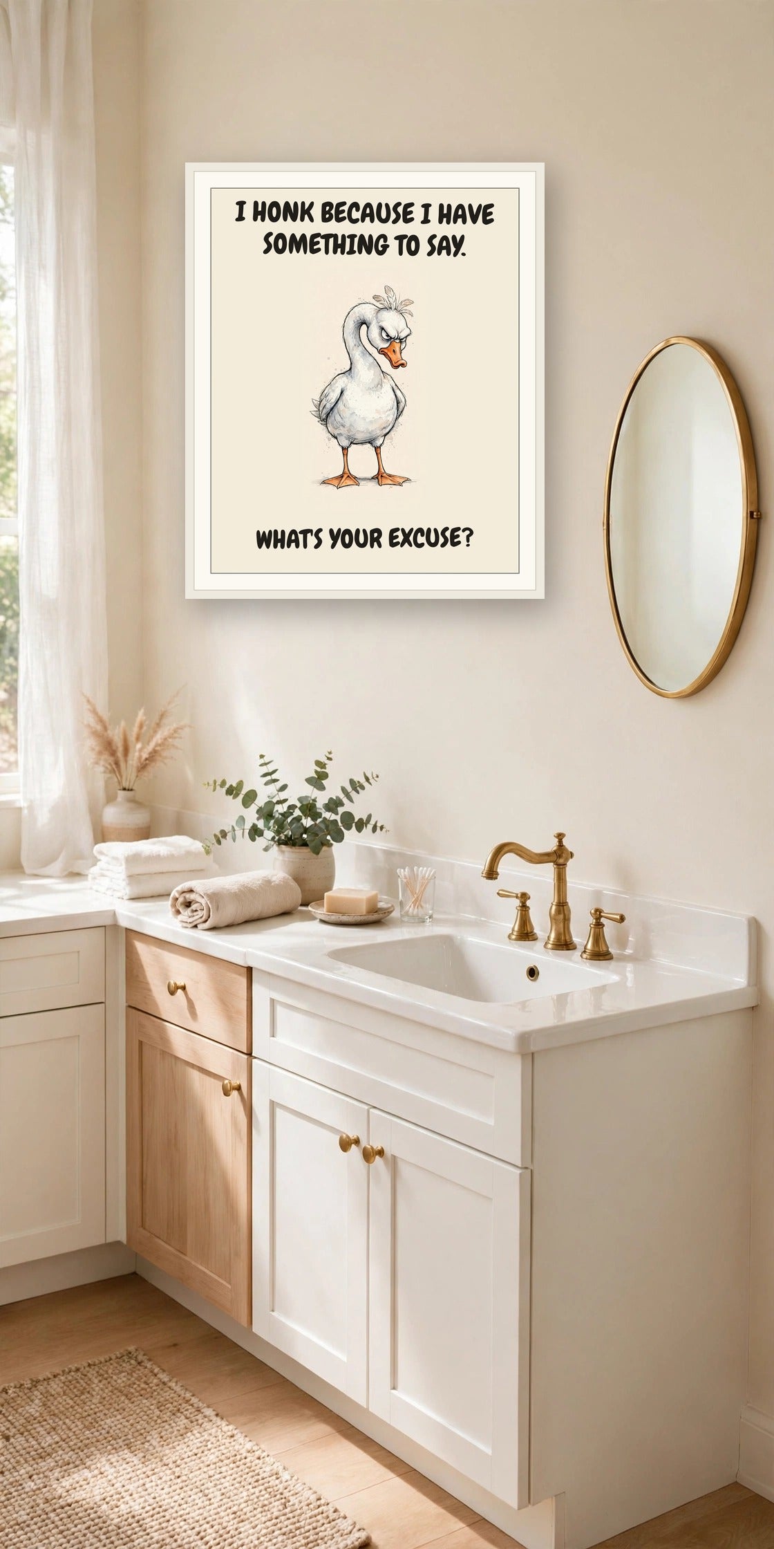 The same print shown hanging in an office — frame for display only, not included