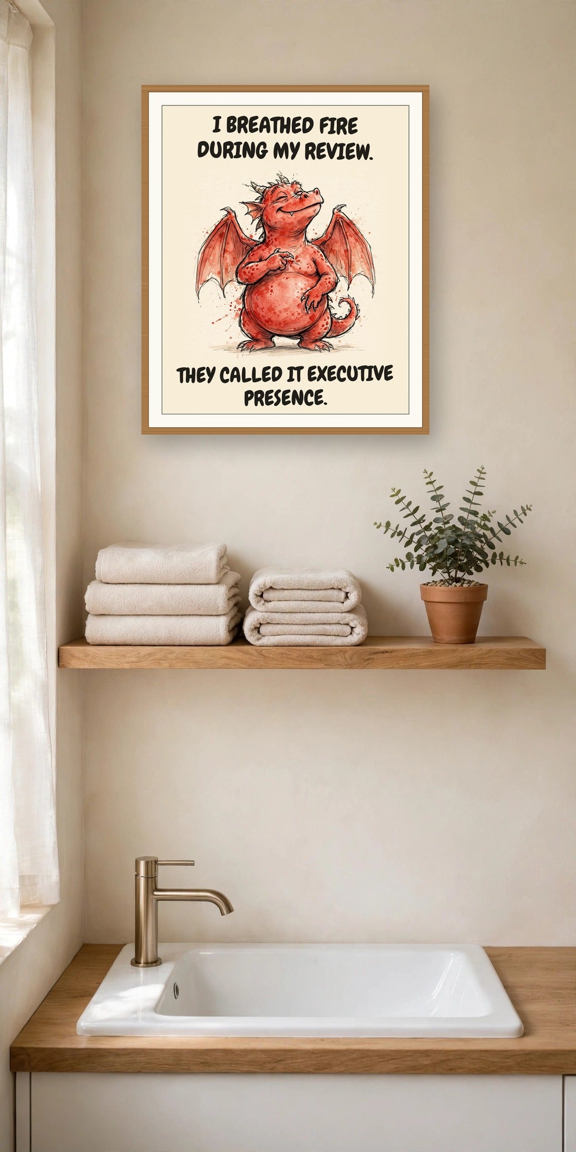 The same print shown hanging in an office — frame for display only, not included