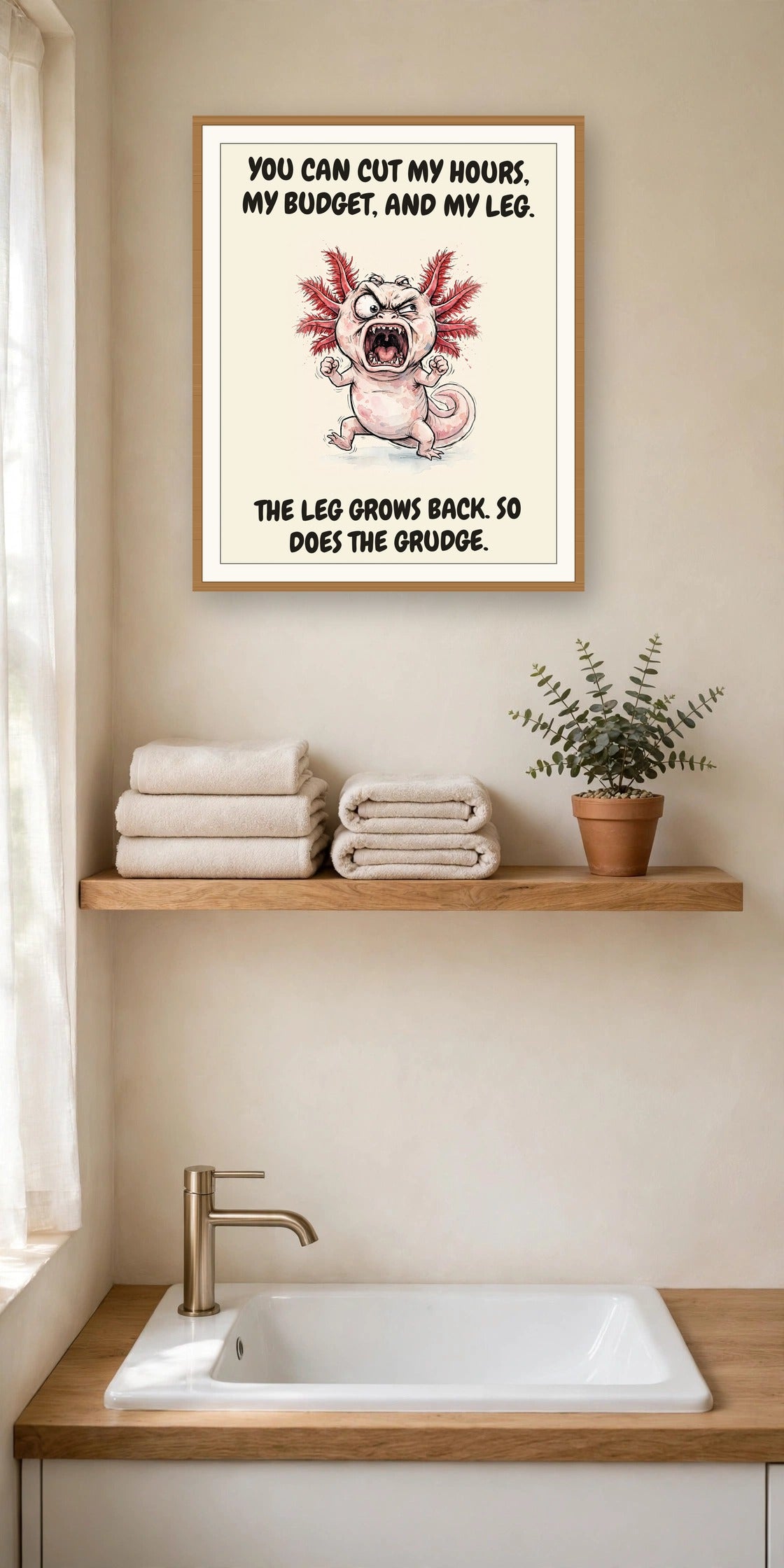 The same print shown hanging in an office — frame for display only, not included