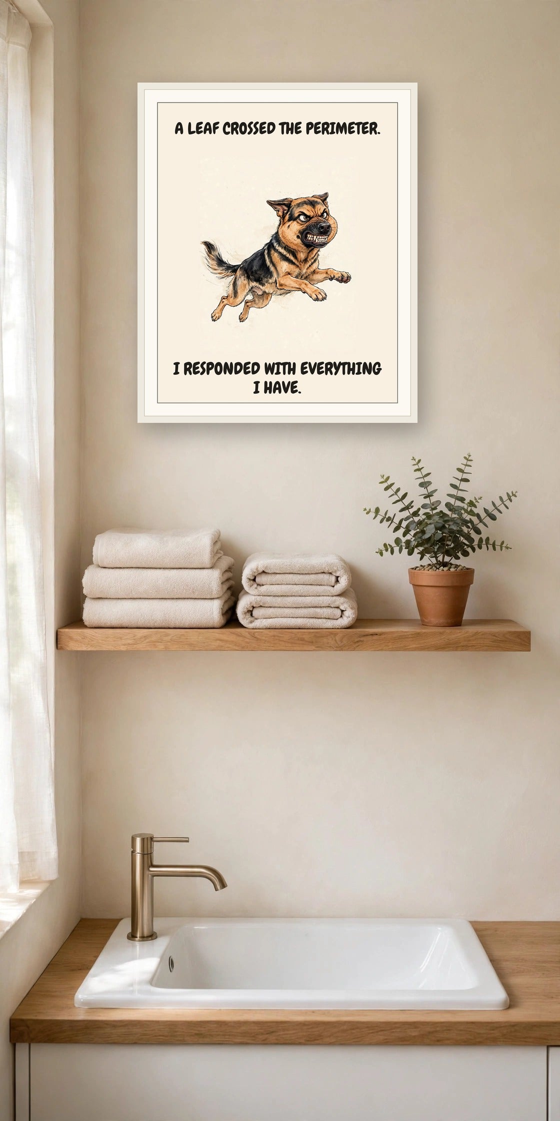 Lifestyle display mockup — frame not included. Furious German Shepherd art print.