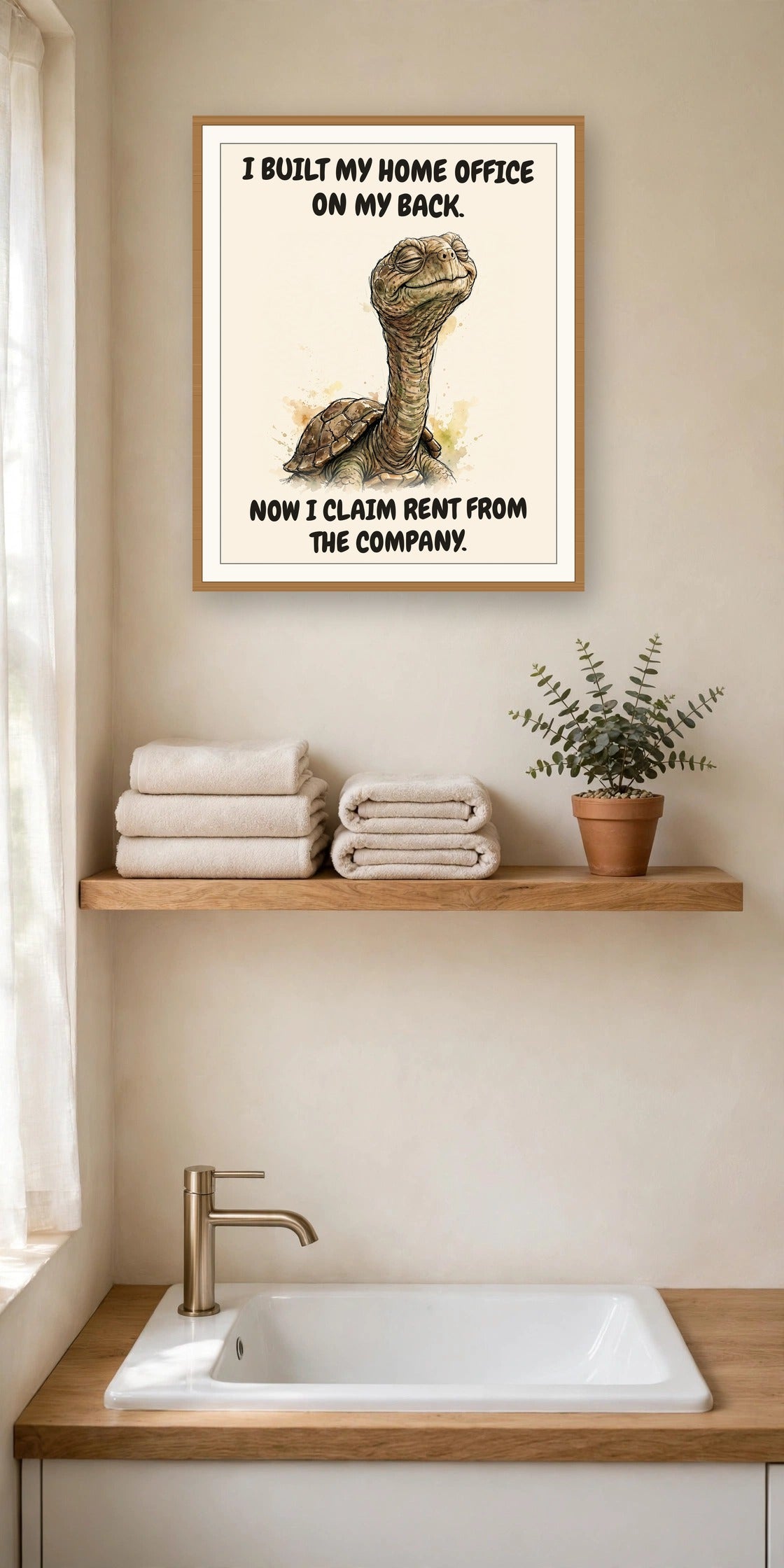 The same print shown hanging in an office — frame for display only, not included