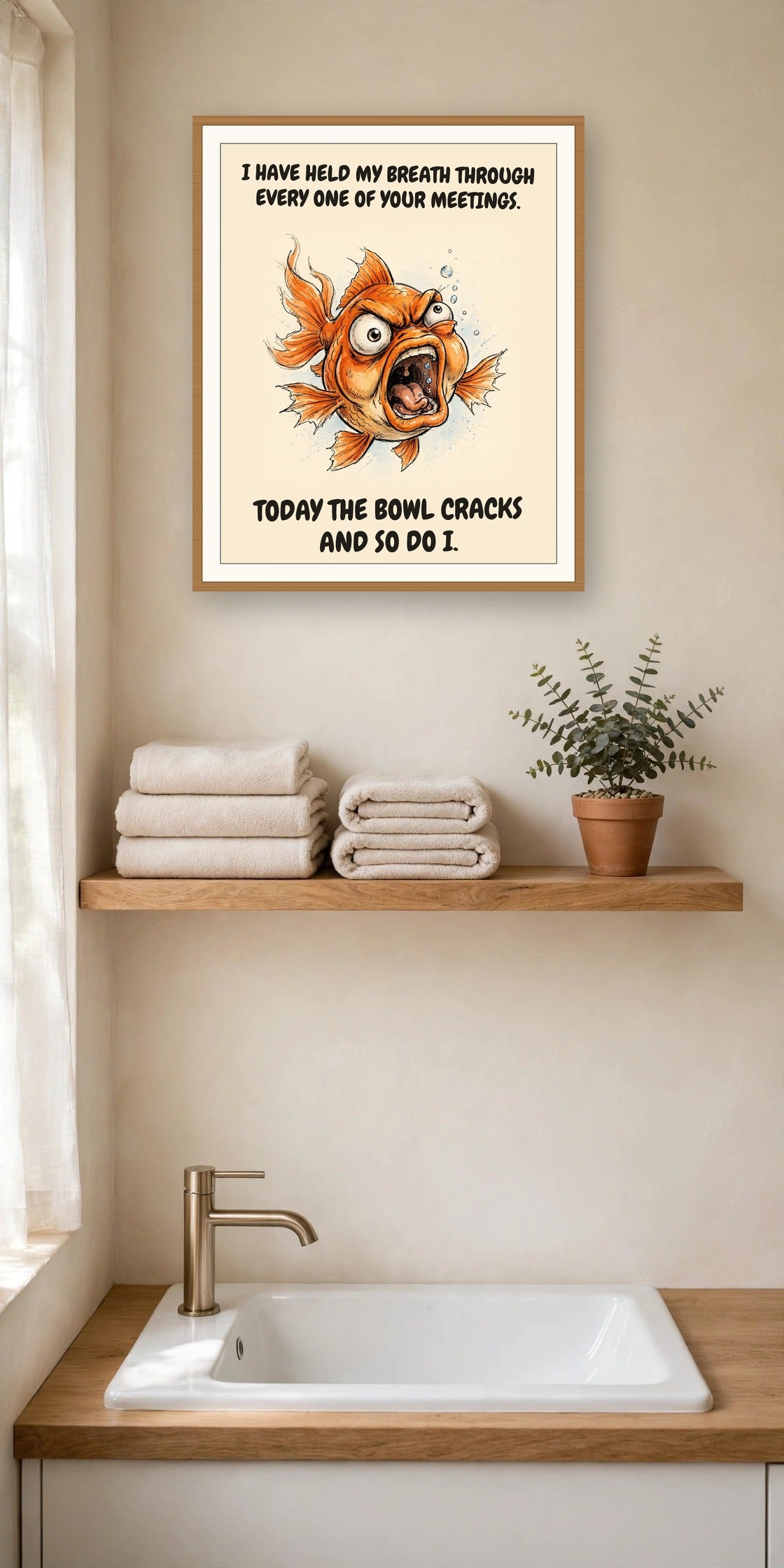 The same print shown hanging in an office — frame for display only, not included