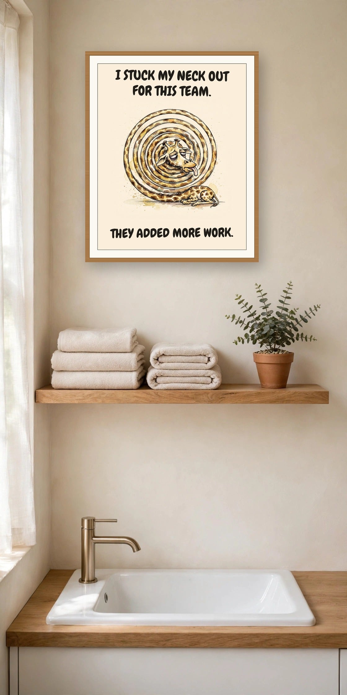 The same print shown hanging in an office — frame for display only, not included