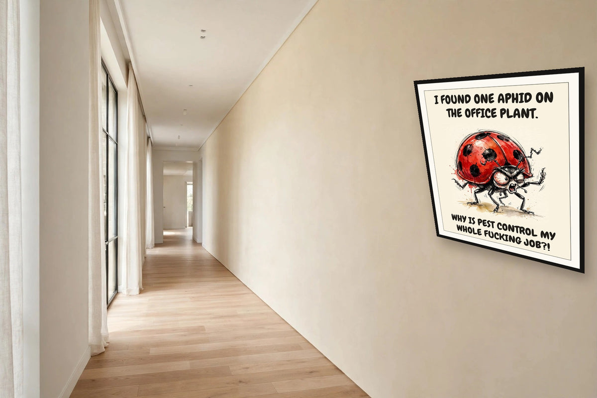 The same print shown hanging in an office — frame for display only, not included