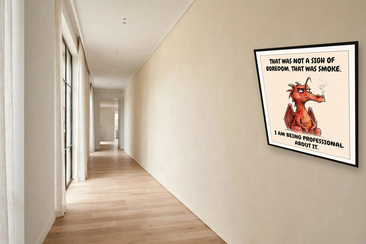 The same print shown hanging in an office — frame for display only, not included
