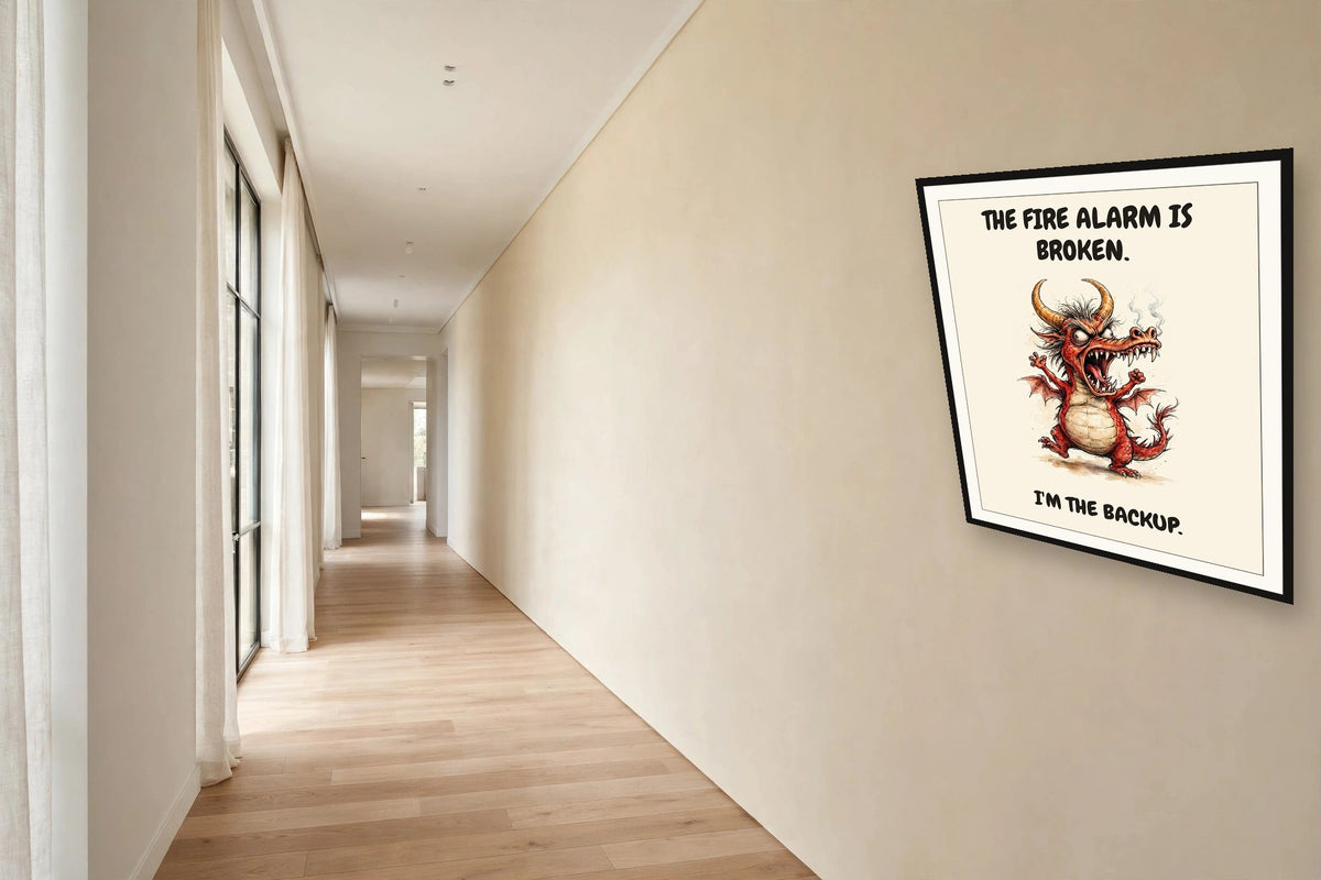 The same print shown hanging in an office — frame for display only, not included