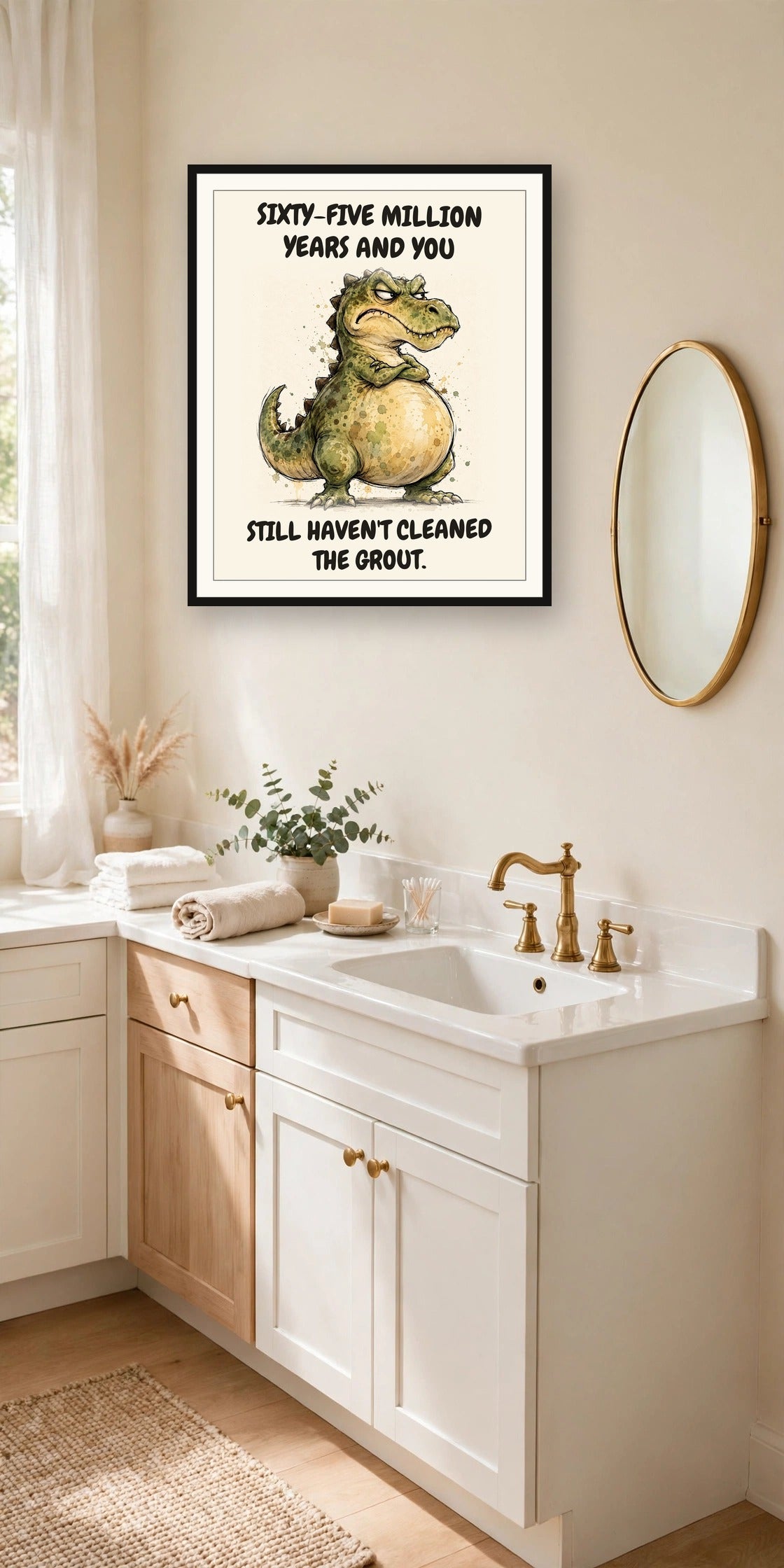 The same print shown hanging in a bathroom — frame for display only, not included