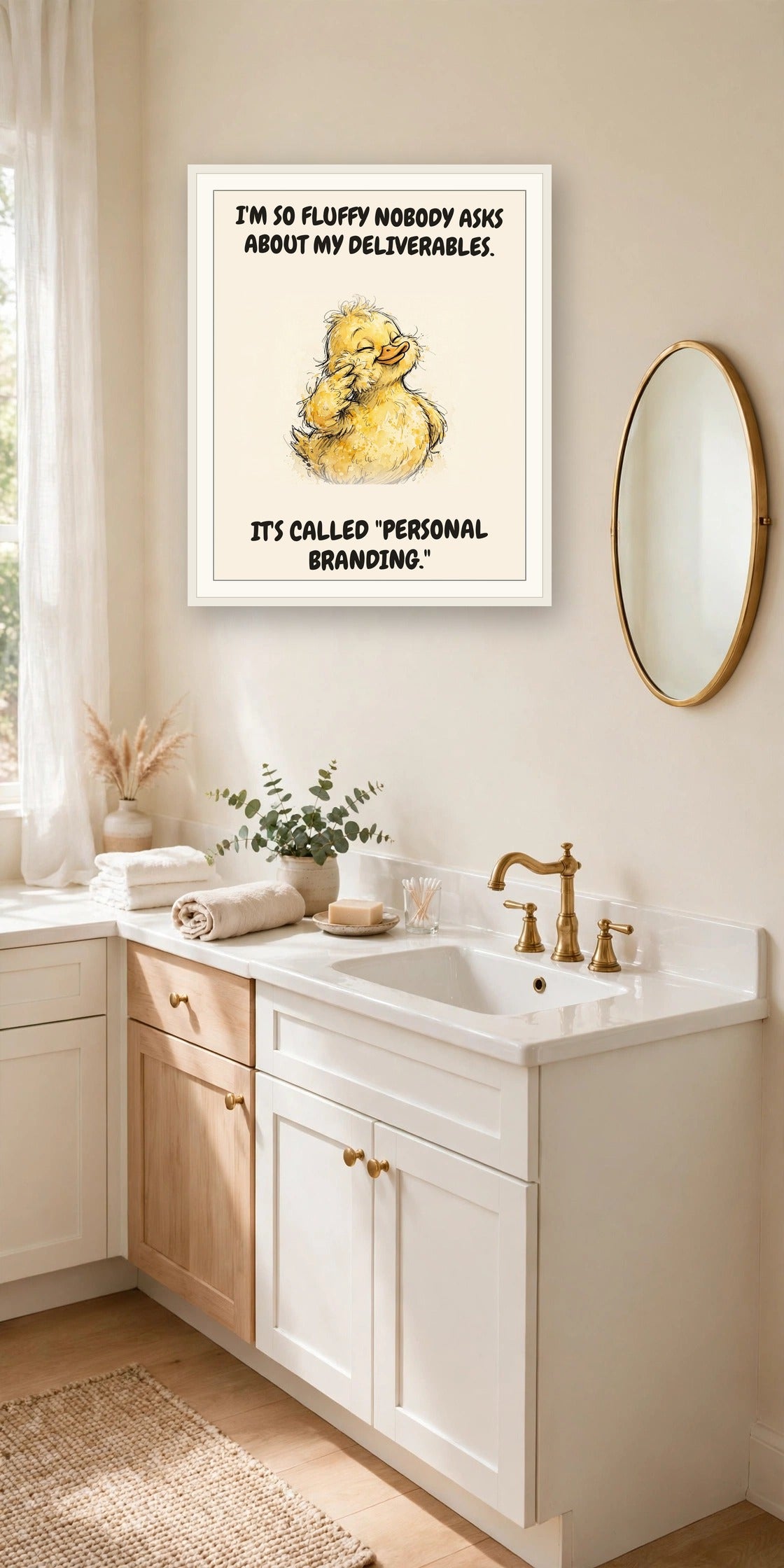 The same print shown hanging in an office — frame for display only, not included