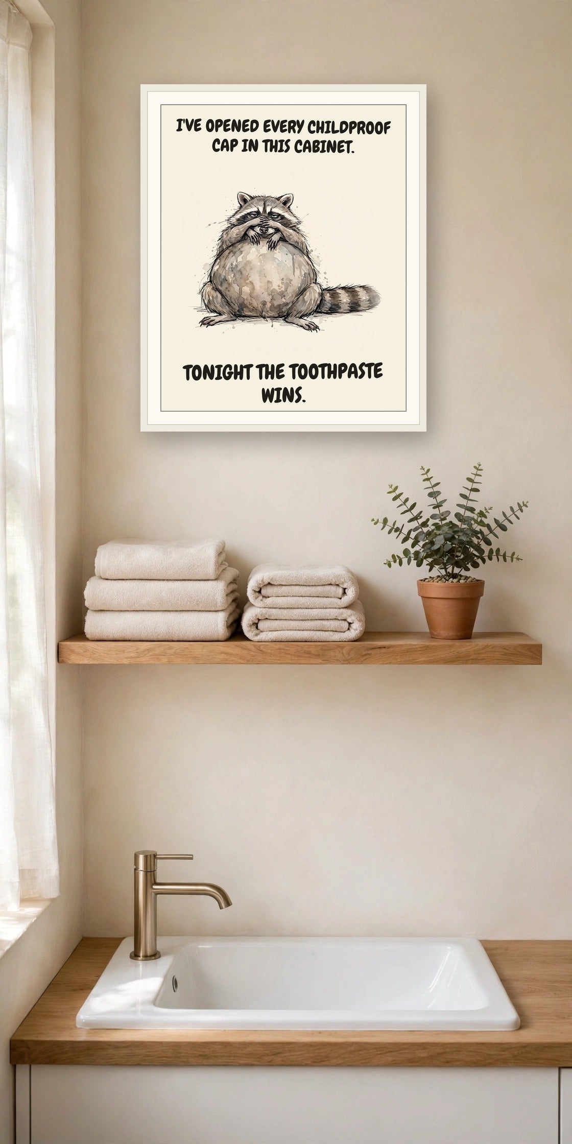 The same print shown hanging in a bathroom — frame for display only, not included