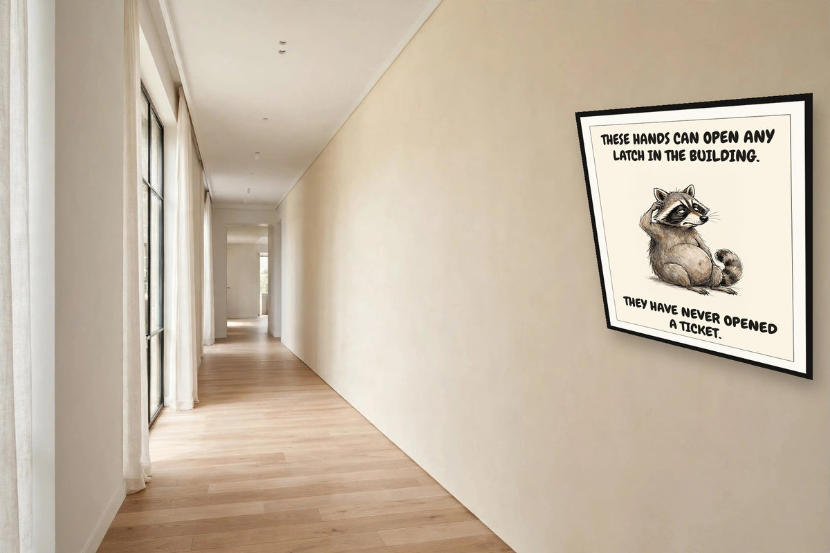 The same print shown hanging in an office — frame for display only, not included