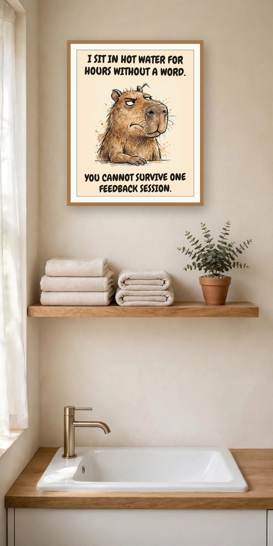 The same print shown hanging in an office — frame for display only, not included