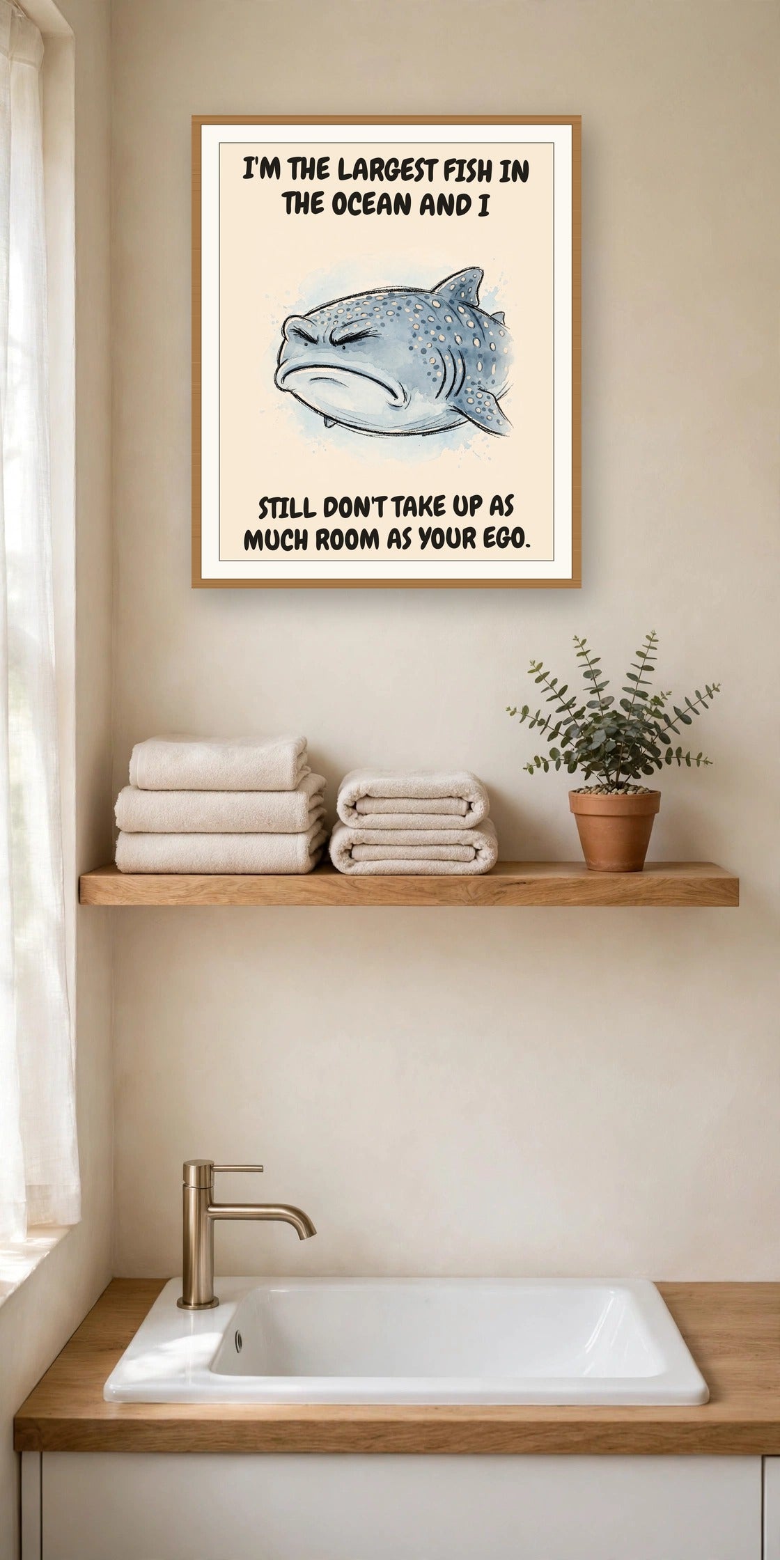 The same print shown hanging in an office — frame for display only, not included