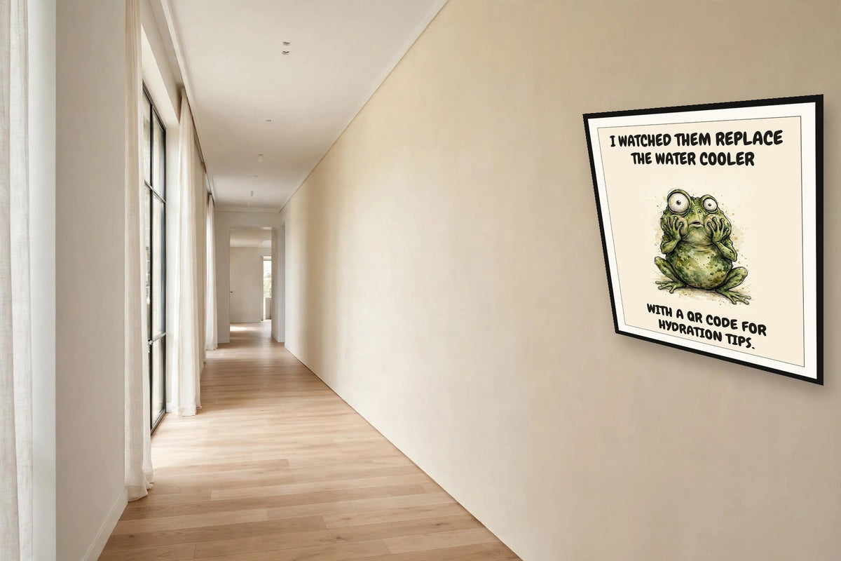 The same print shown hanging in an office — frame for display only, not included
