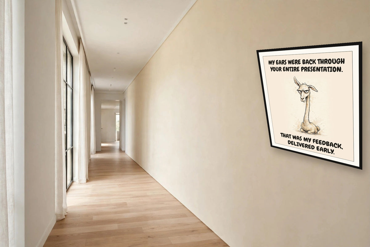 The same print shown hanging in an office — frame for display only, not included