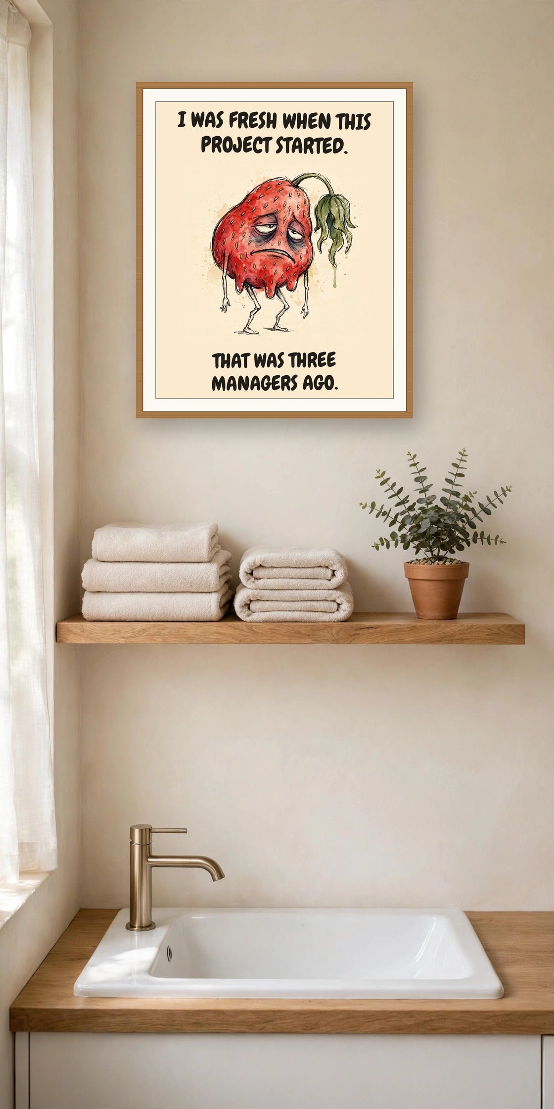 The same print shown hanging in an office — frame for display only, not included