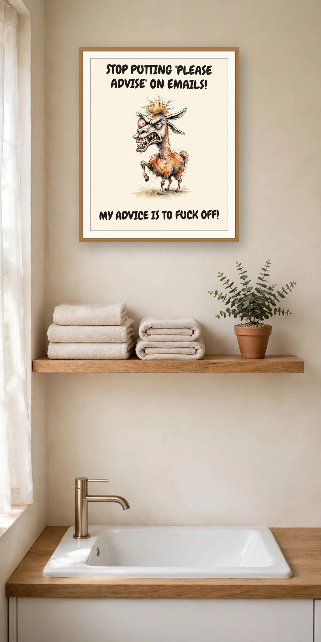 The same print shown hanging in an office — frame for display only, not included