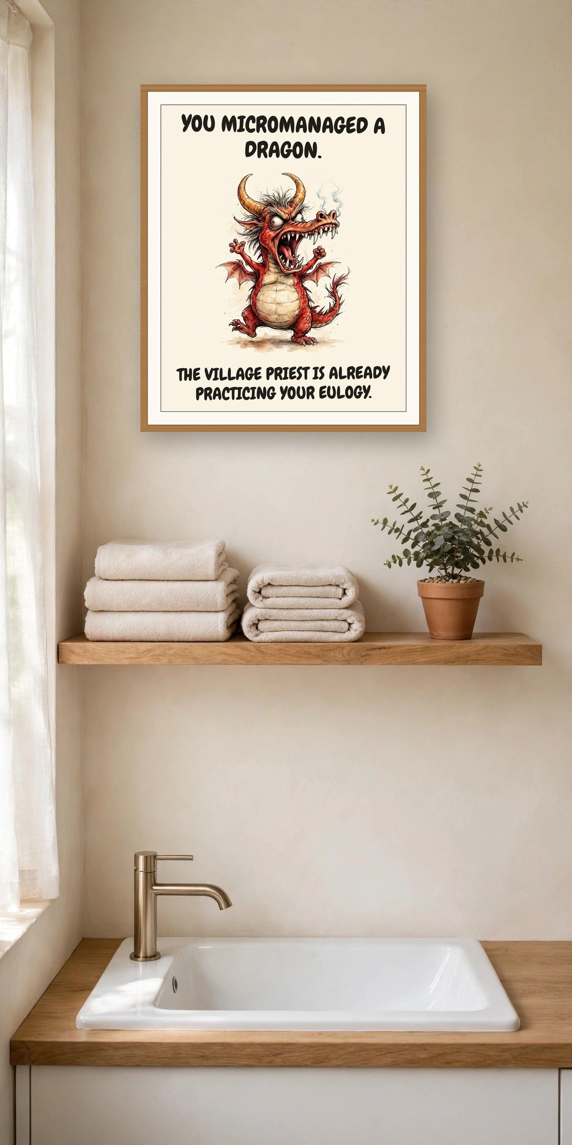 The same print shown hanging in an office — frame for display only, not included