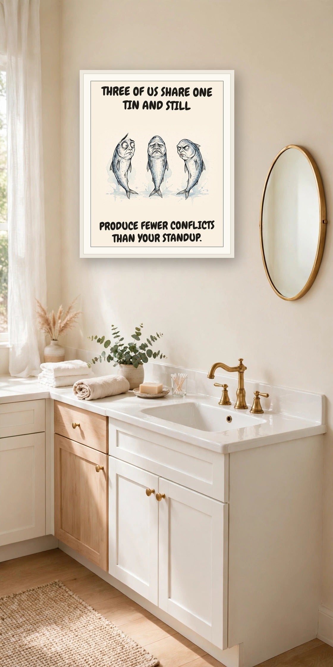 The same print shown hanging in an office — frame for display only, not included