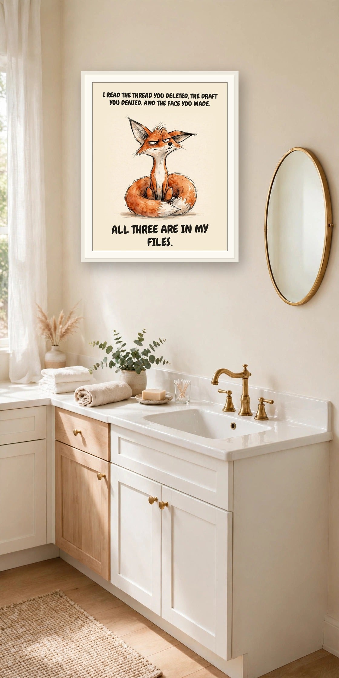 The same print shown hanging in an office — frame for display only, not included