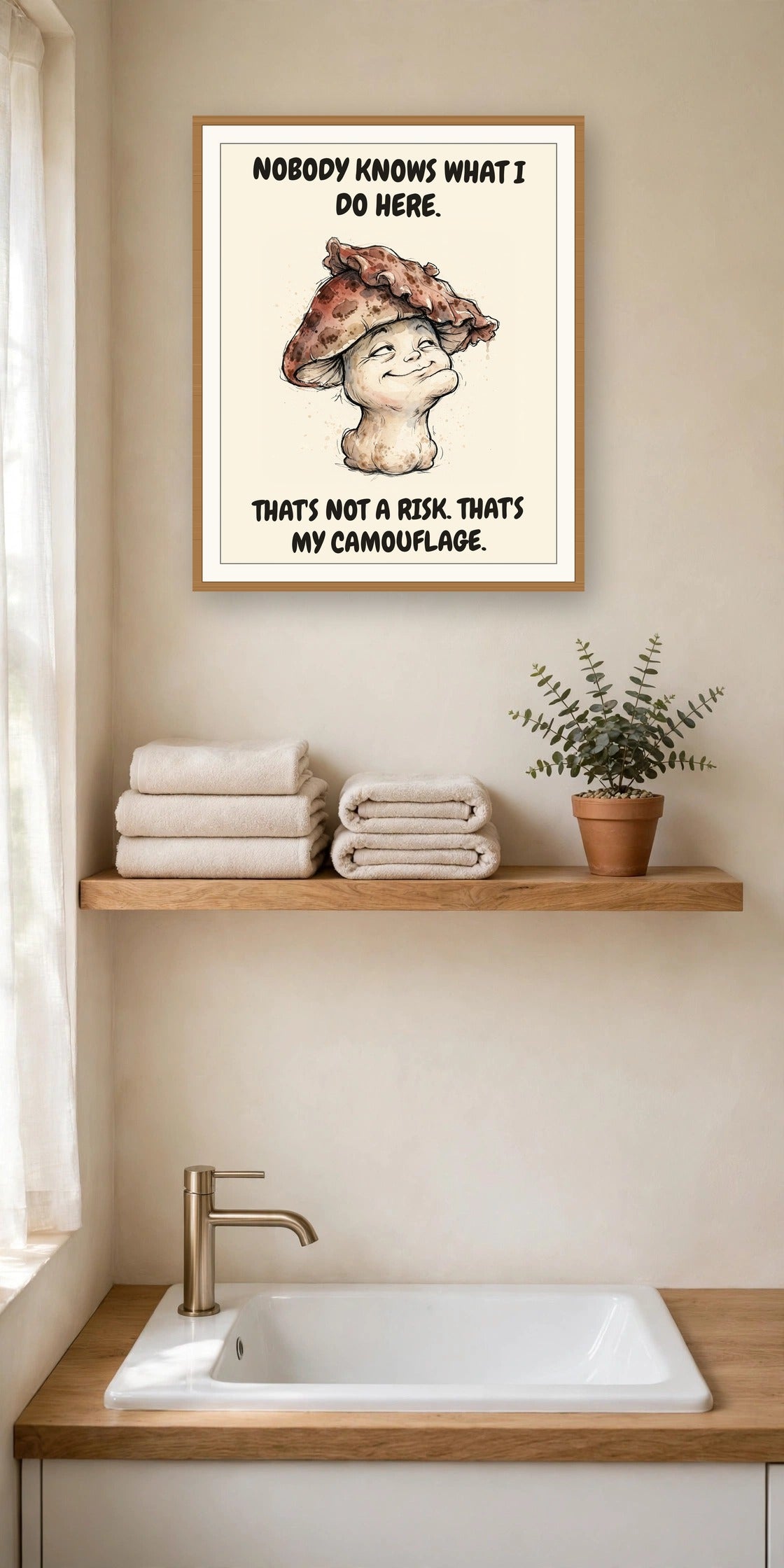 The same print shown hanging in an office — frame for display only, not included