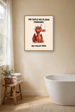 The same print shown hanging in a bathroom — frame for display only, not included