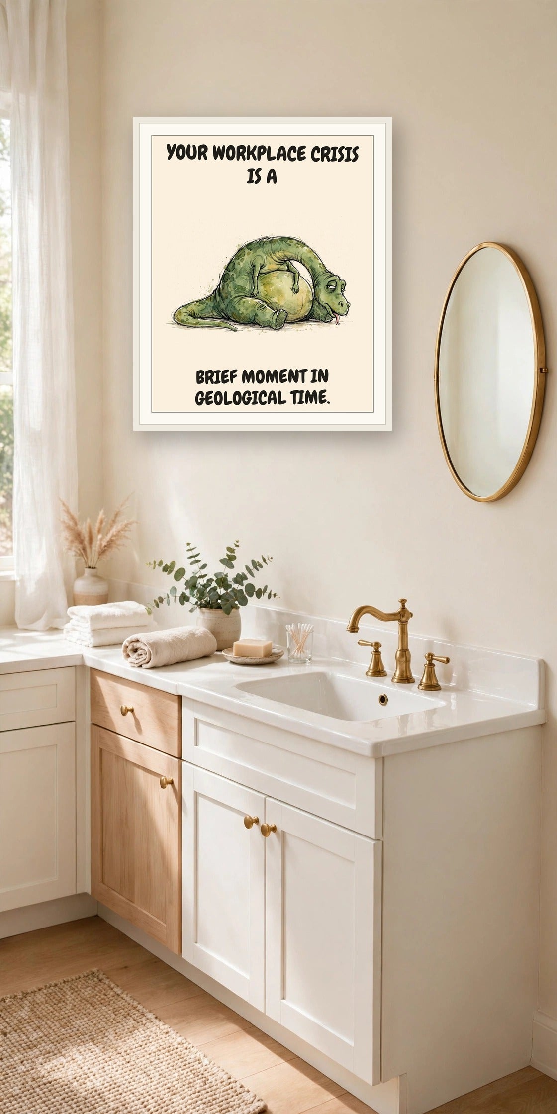 The same print shown hanging in an office — frame for display only, not included
