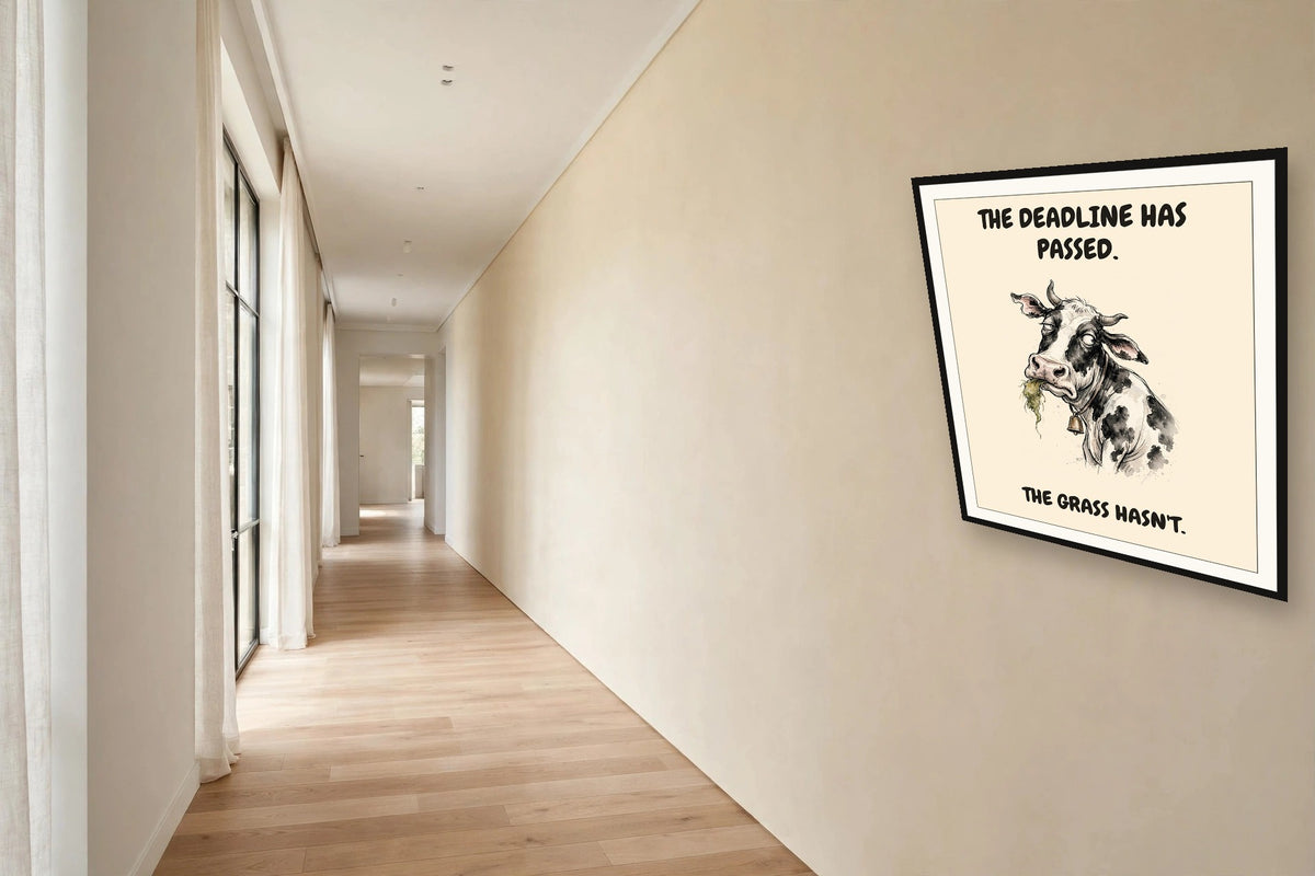The same print shown hanging in an office — frame for display only, not included