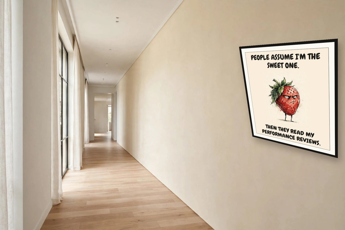 The same print shown hanging in an office — frame for display only, not included