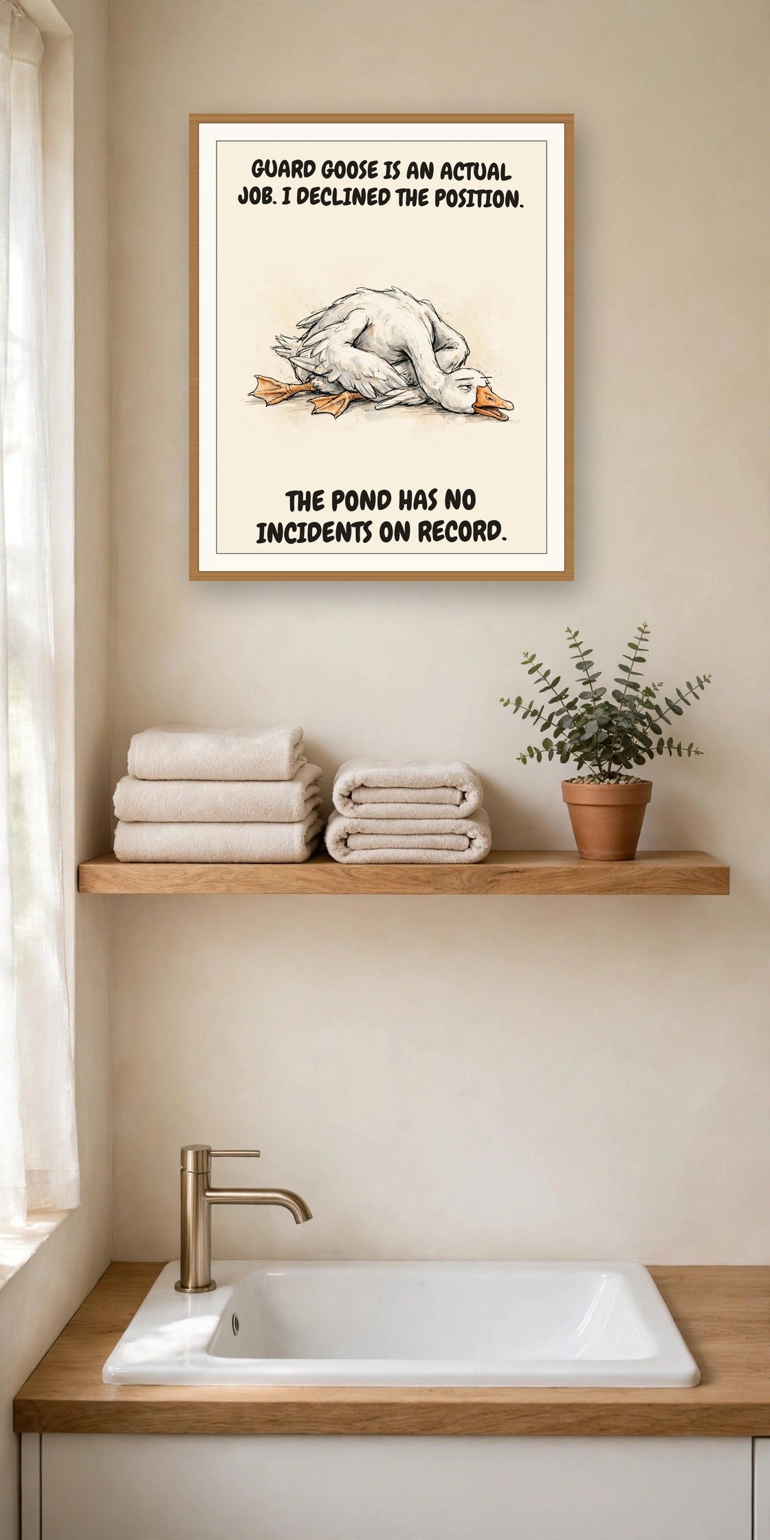 The same print shown hanging in an office — frame for display only, not included