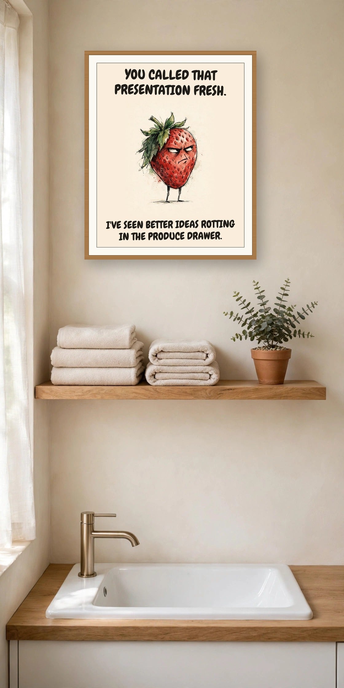 The same print shown hanging in an office — frame for display only, not included