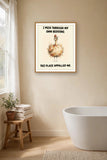 The same print shown hanging in a bathroom — frame for display only, not included