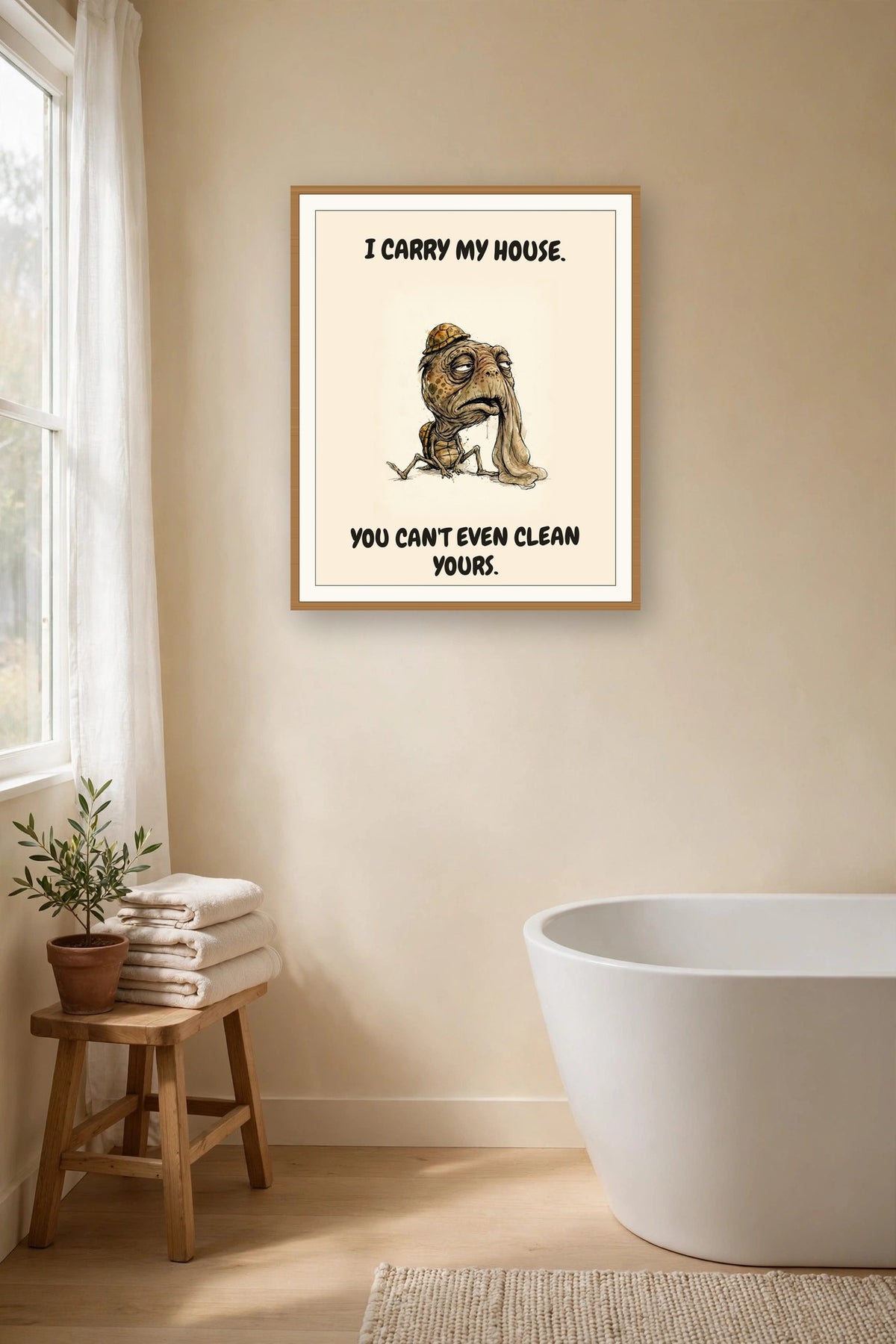 The same print shown hanging in a bathroom — frame for display only, not included