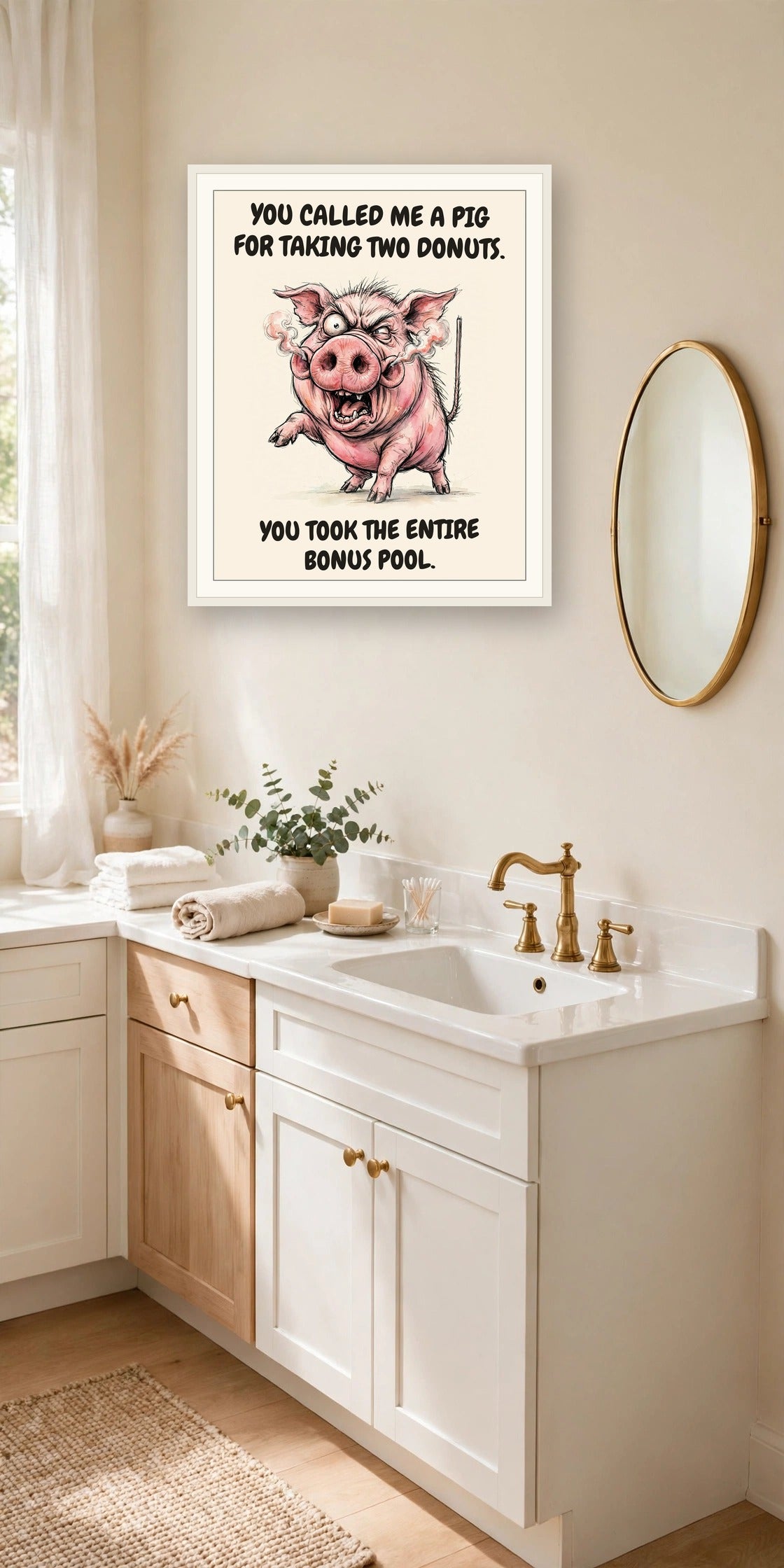 The same print shown hanging in an office — frame for display only, not included