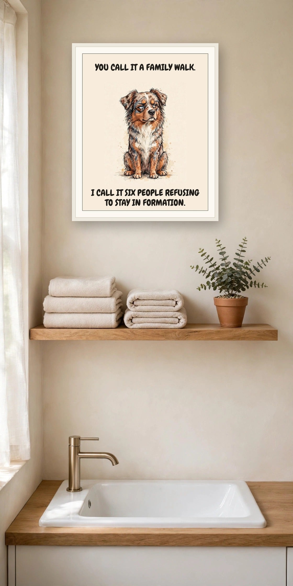 Lifestyle display mockup — frame not included. Judgmental Australian Shepherd art print.