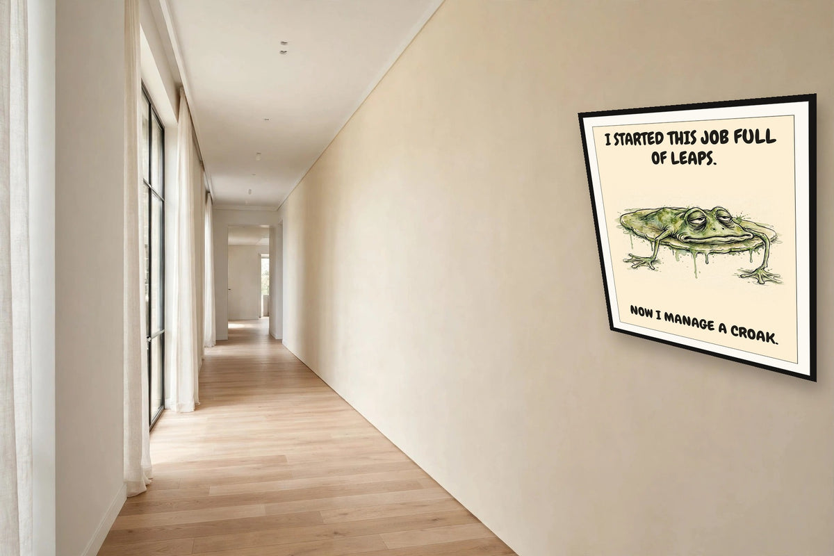 The same print shown hanging in an office — frame for display only, not included