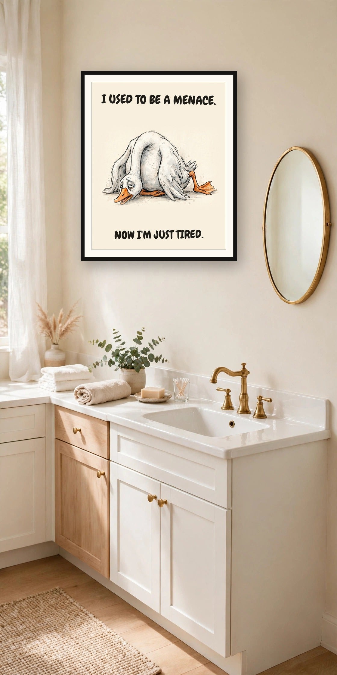 The same print shown hanging in a bathroom — frame for display only, not included