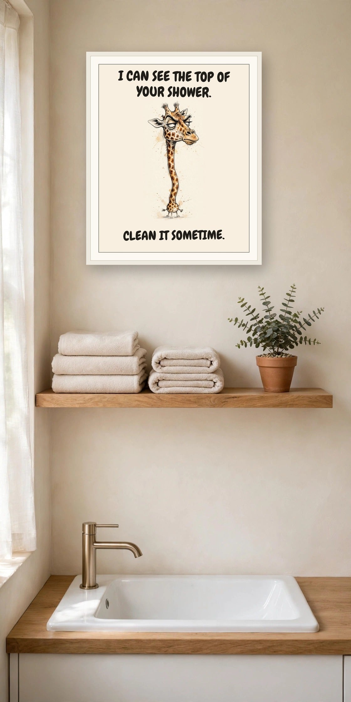 The same print shown hanging in a bathroom — frame for display only, not included