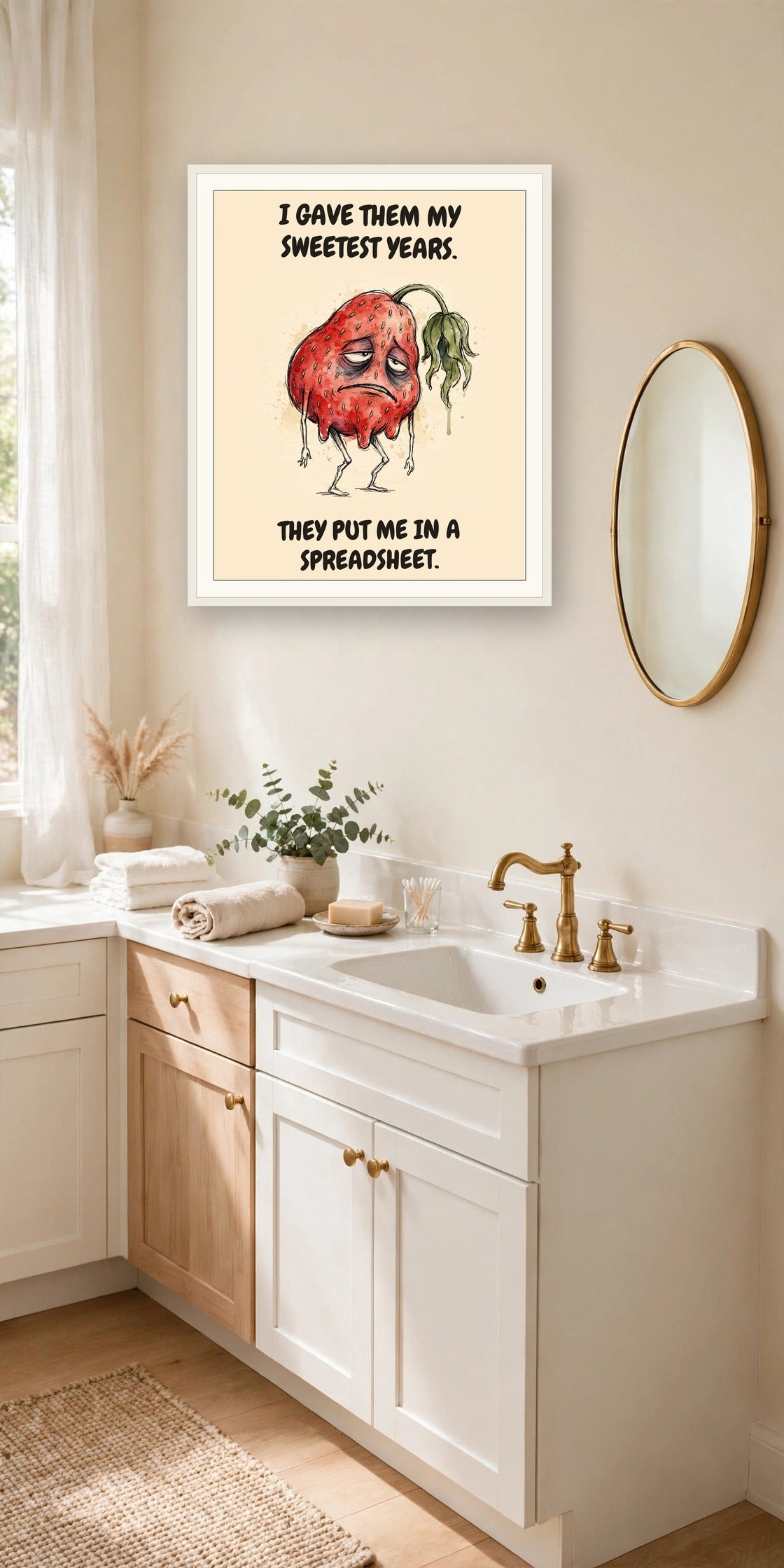 The same print shown hanging in an office — frame for display only, not included