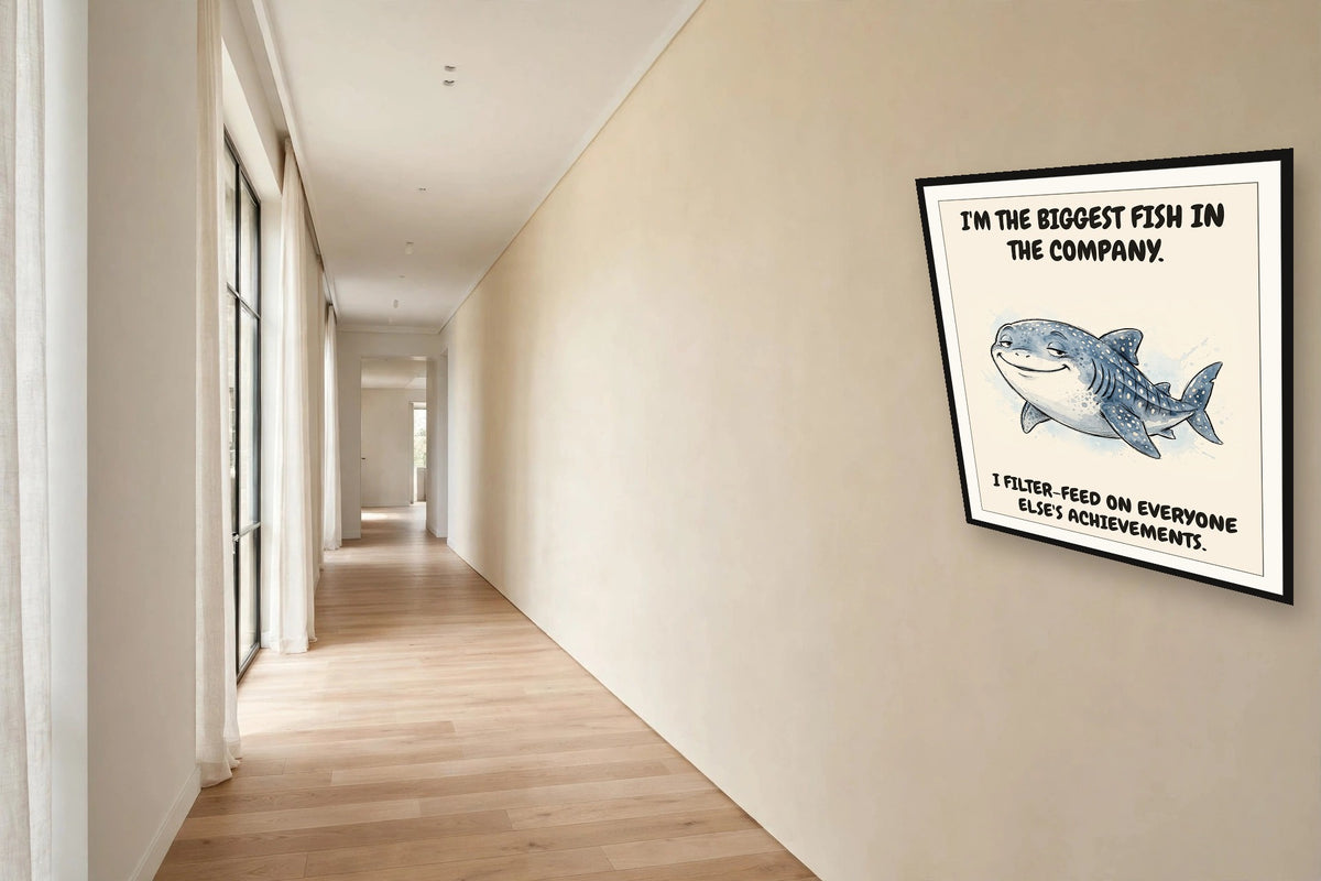 The same print shown hanging in an office — frame for display only, not included
