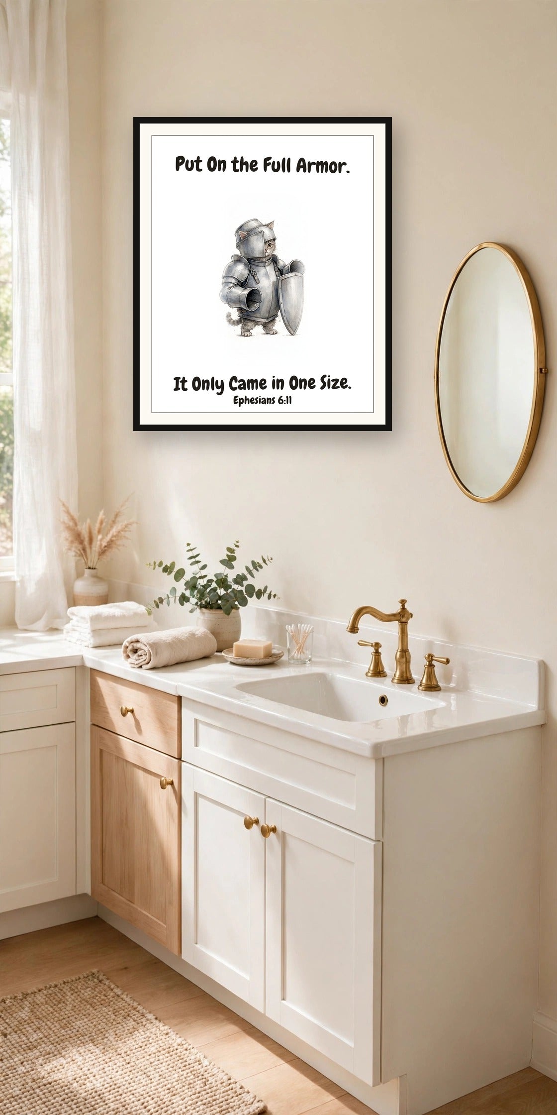 The same print shown hanging on a wall — frame for display only, not included