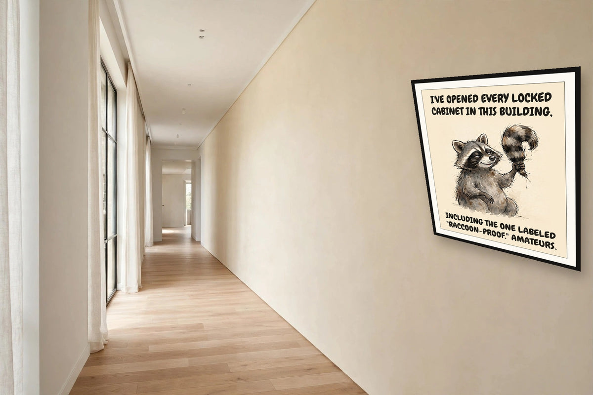 The same print shown hanging in an office — frame for display only, not included