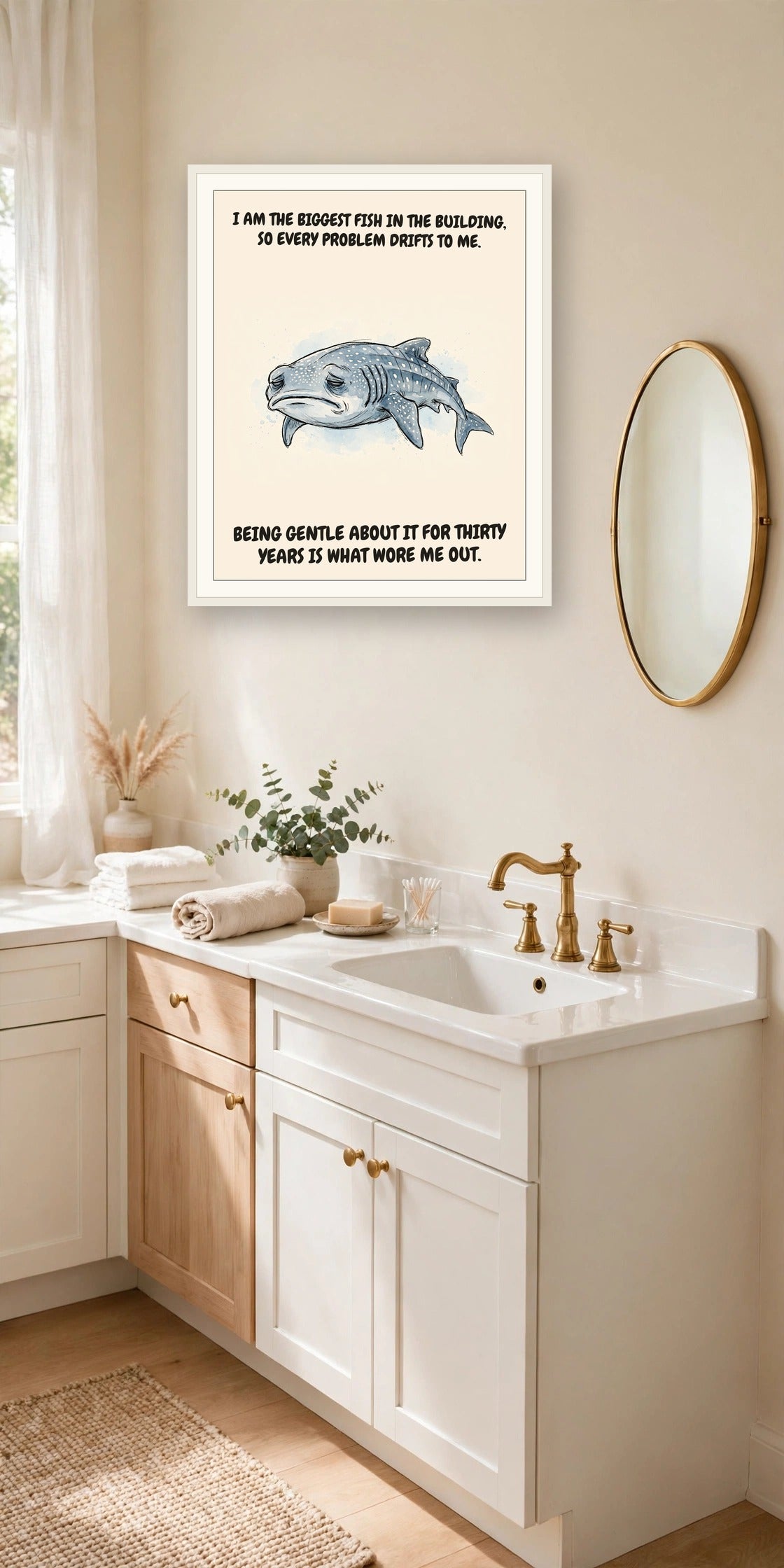 The same print shown hanging in an office — frame for display only, not included