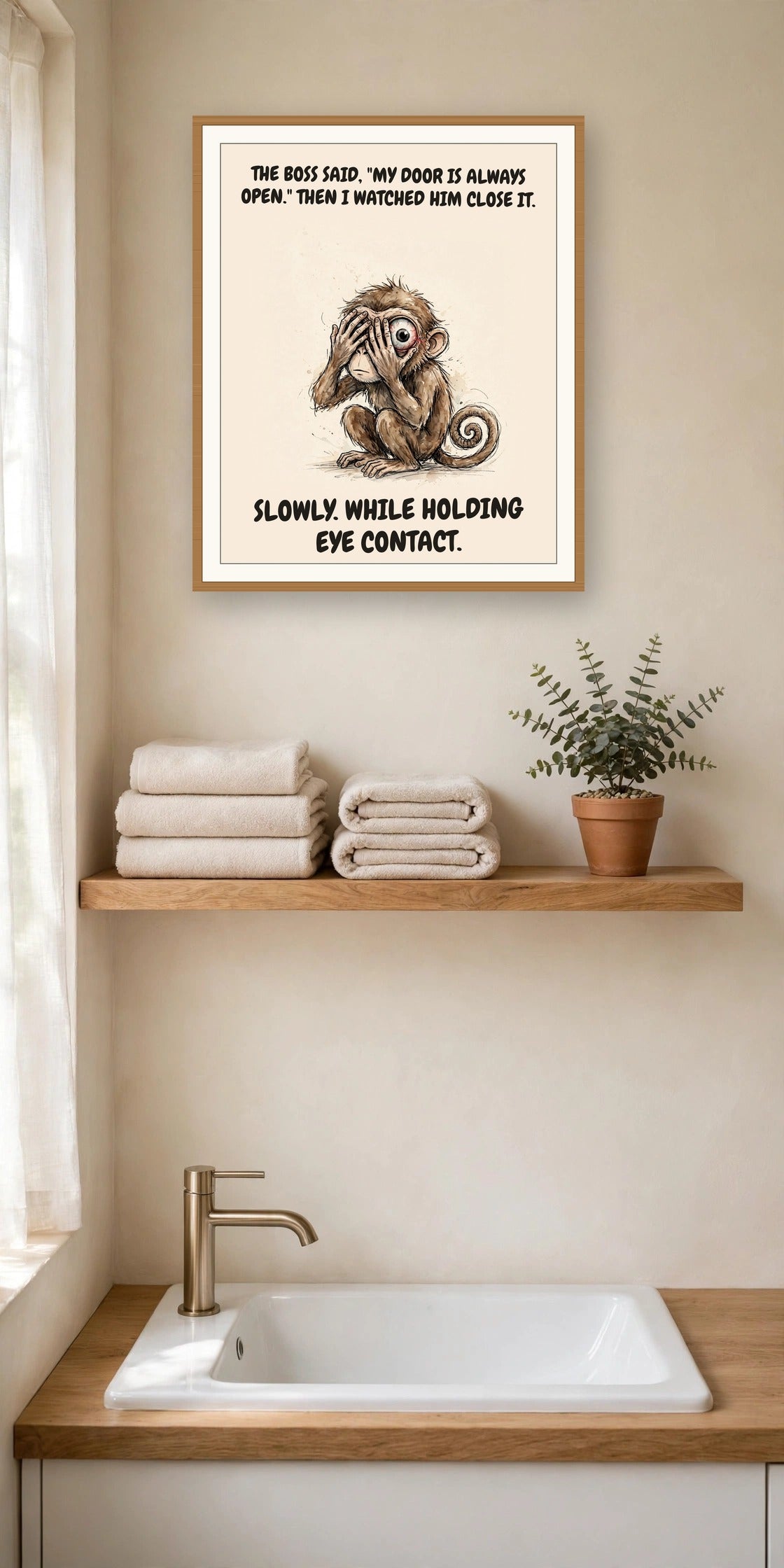 The same print shown hanging in an office — frame for display only, not included