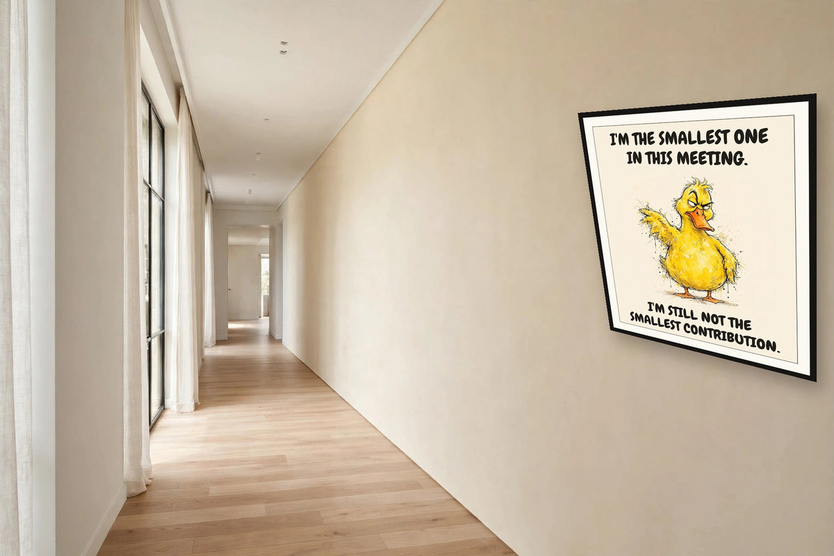The same print shown hanging in an office — frame for display only, not included